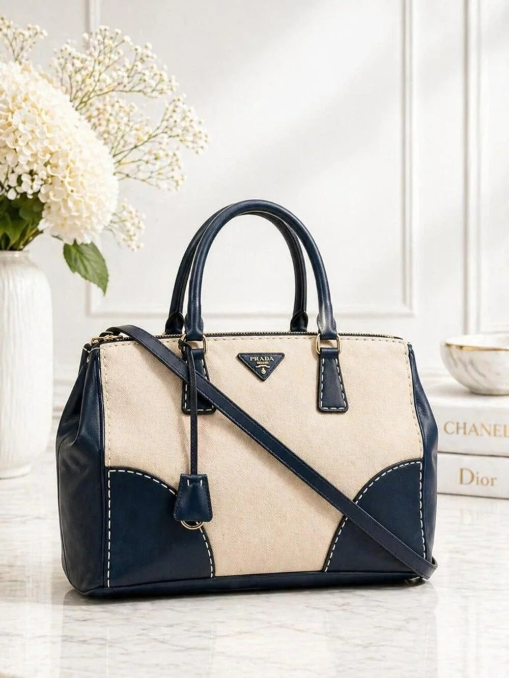 Authentic Prada Two Tone Leather Canvas Tote Satchel Crossbody Bag
